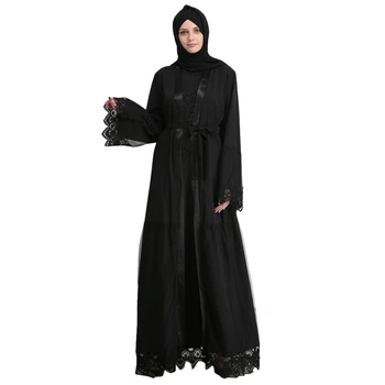 2018 Trendy Modest Islamic Clothing Kimono Abaya Mesh Lace Maxi Black ...