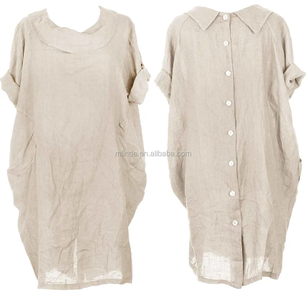 LAGENLOOK LINEN OVERSIZED PLAIN COLLARED LONG TUNIC/SHIRT*WHITE*BUST UP TO 48" 