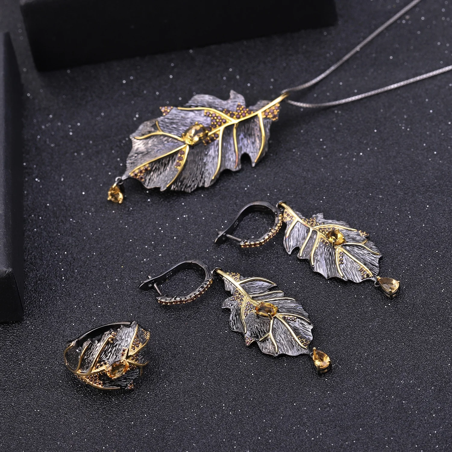 Abiding Wholesale Natural Citrine Stone Leaves Ring Earrings Pendant For Girl 925 Silver Jewelry Set