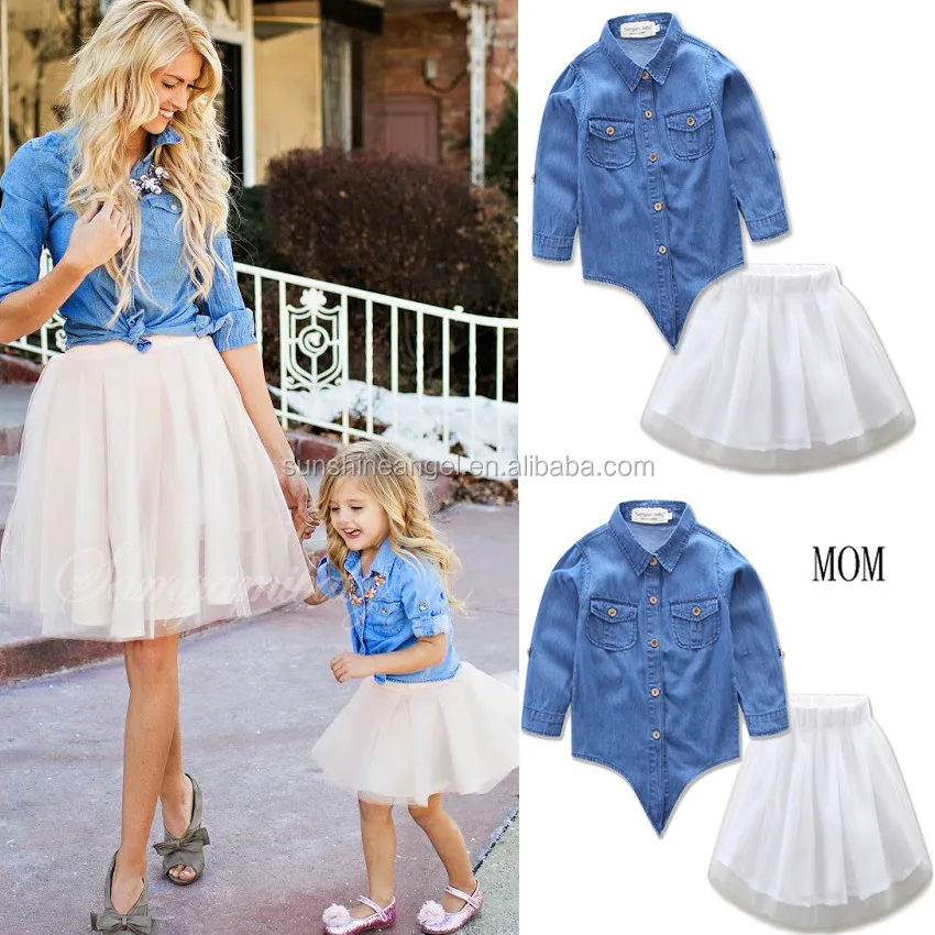 

Family Matching Clothes Outfits Mother and Daughter Clothing sets Denim Shirts+TUTU Skirts Sets Matching Mother Daughter Clothes