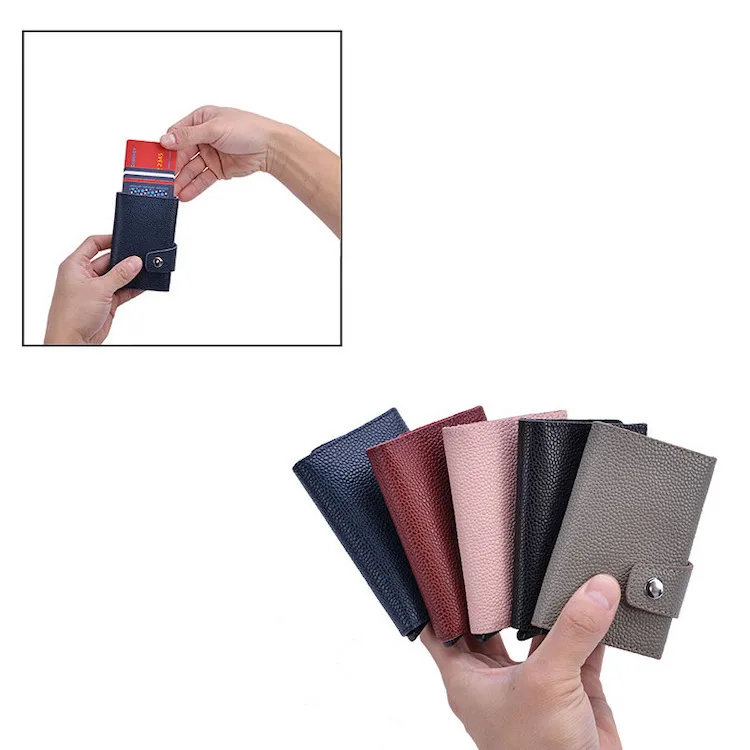 

RFID Blocking Wallet Slim Wallet PU Leather Vintage Aluminum Business Card Holder Automatic Pop-up Card wallet, Dark blue, red, pink, grey, black