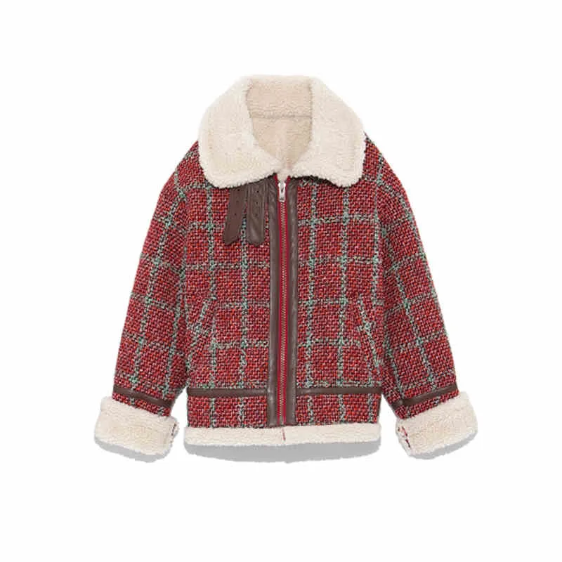 

Winter new retro small style tweed short coat plush cotton plaid lamb fur coat for female, Black red brown