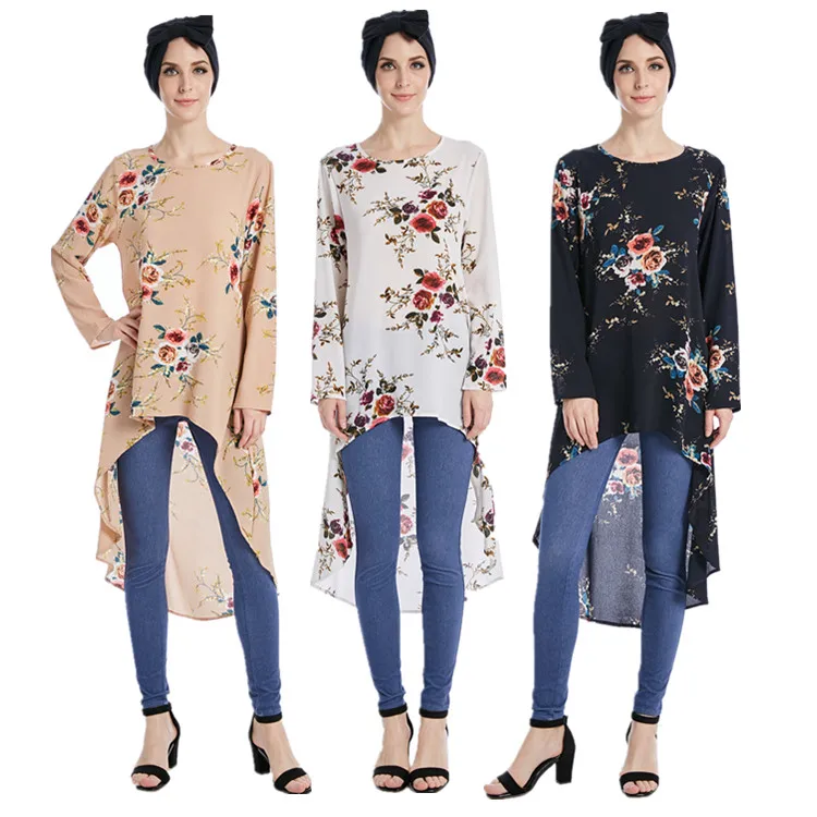 

2017 New arrival Moroccan Tunics,Women Flower printed muslim Blouse,Singapore fashion Islamic Blouse, Navy;beige;khaki