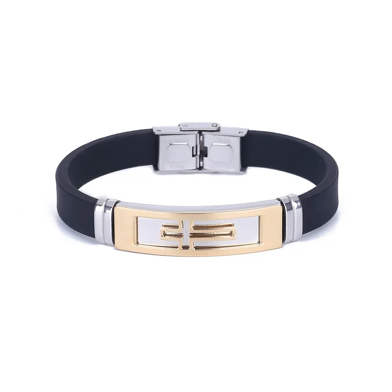 

Europe and the United States new sports energy stainless steel silicone bead bracelet fashion cross bracelet men, Steel color/gold
