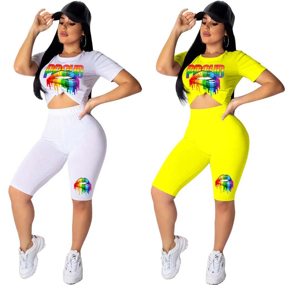 

MSH5205 Solid color casual sport suit short sleeves decorate with sequinesd large lips women two-piece set