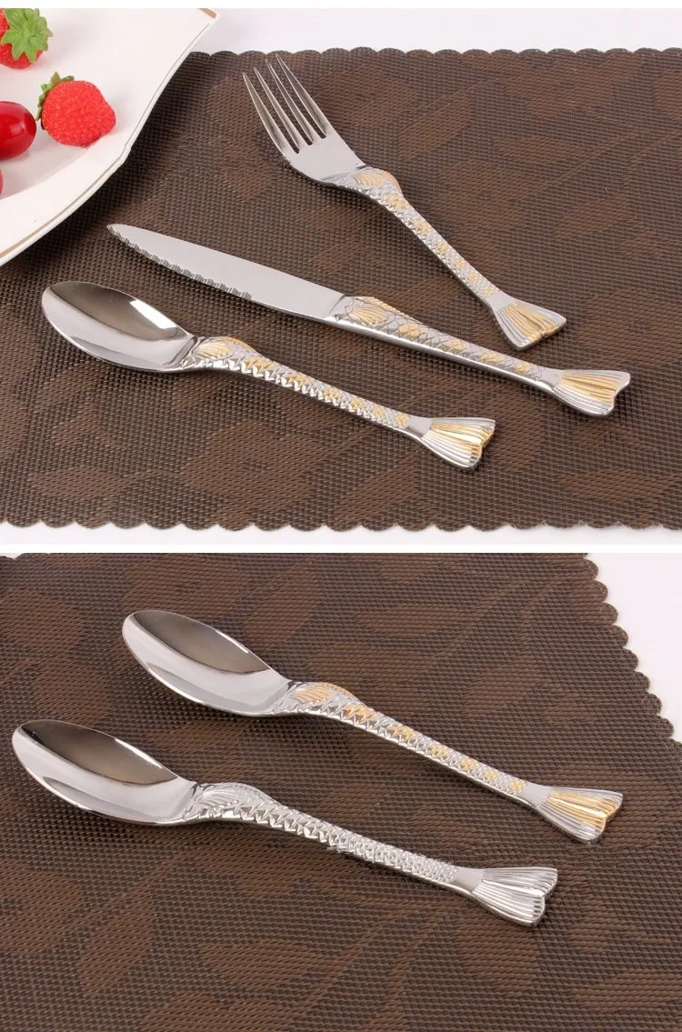 Flatware Silver Gold Fishshaped Cutlery Set 3 Piece Stainless Steel