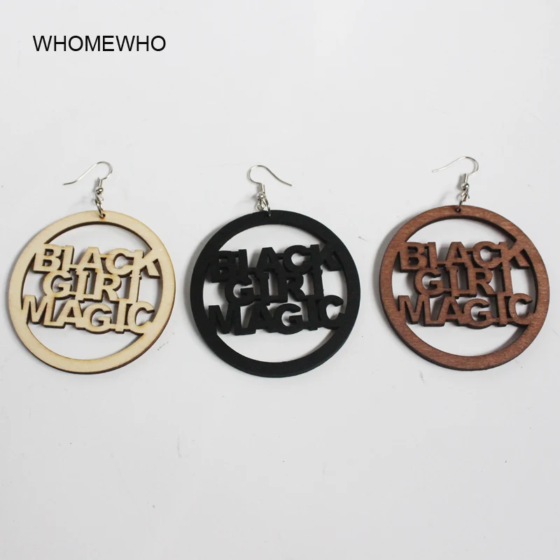 

Hollow Out Wood Africa Hiphop Black Girl Magic Letter Round Drop Earrings Wooden African Jewelry, Picture