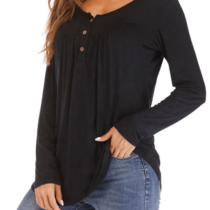 

E18 Women Round Neck Long Sleeve Loose Top T-Shirt Plus Buttons Solid Loose T-shirts Top, N/a