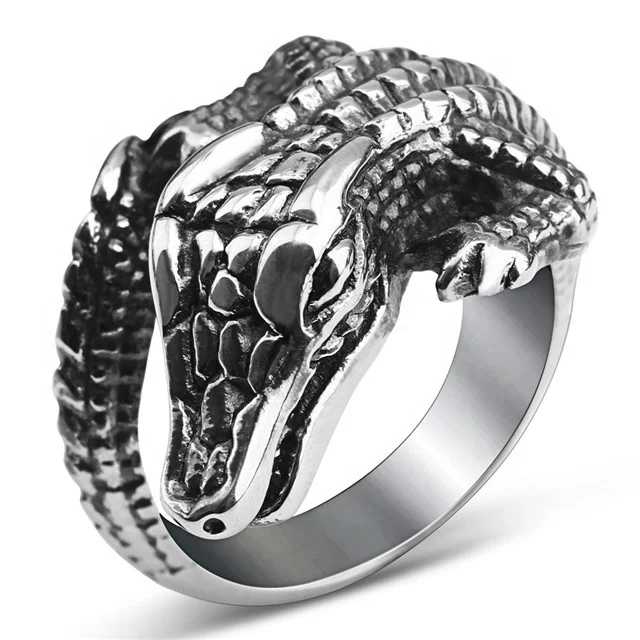 

English Jewelry Fashion Skull Shaped Men Steel Crocodile Ring, White