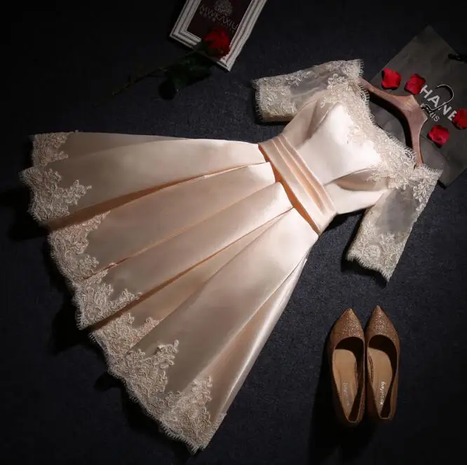 

LN0203Q Bridesmaid short dress fashion Lace bridal dress off-shoulder wedding dresses, Pink/white/red/wine red/champagne