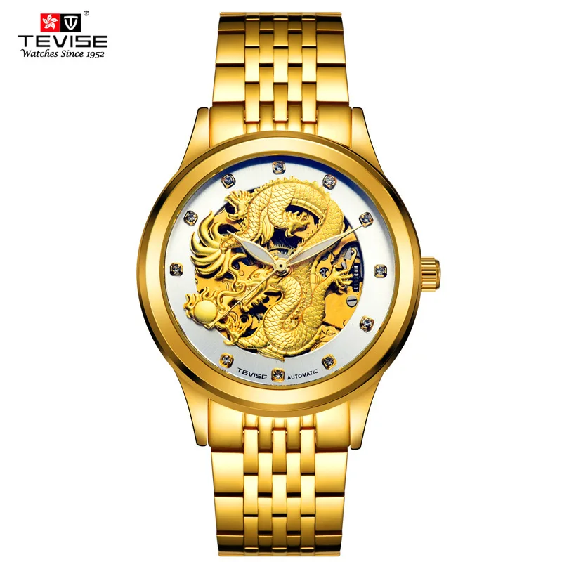 

TEVISE 9006 Unique Design Gold Chinese Loong Carved Stainless Steel Wrist watch Gold Automatic Mechanical Watches