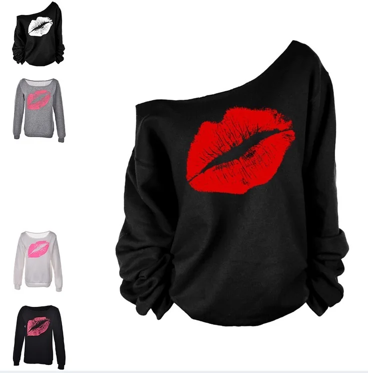 

Women Casual Lips Print One Shoulder Hoodie Sweat T Shirt Women, Black;gray;white