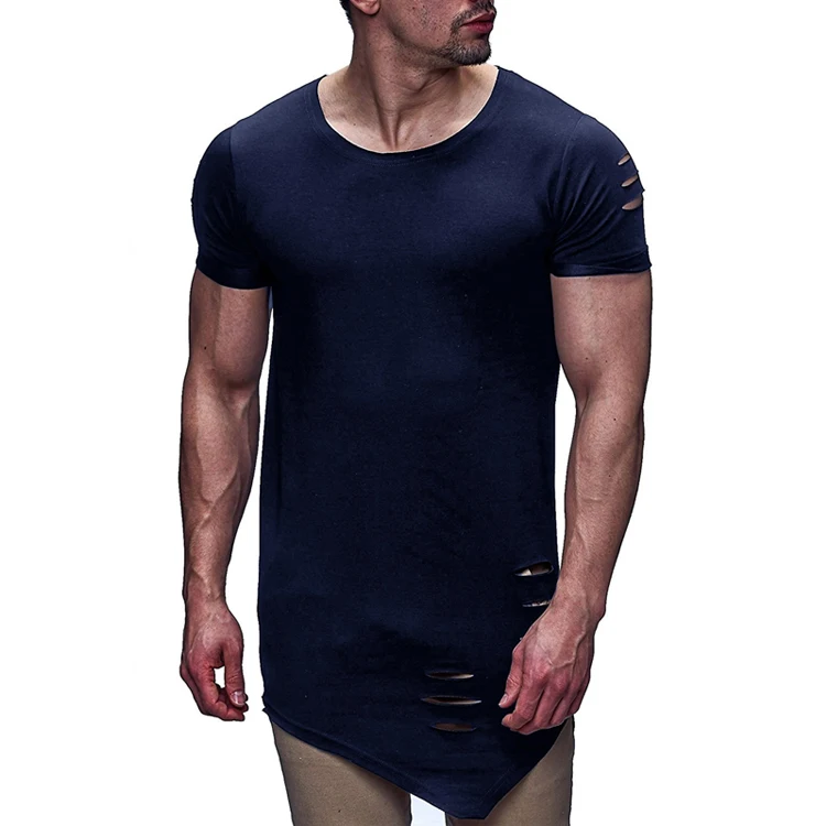 

Supply Asymmetric Hem Ripped Longline Tee Shirt Homme, White,navy