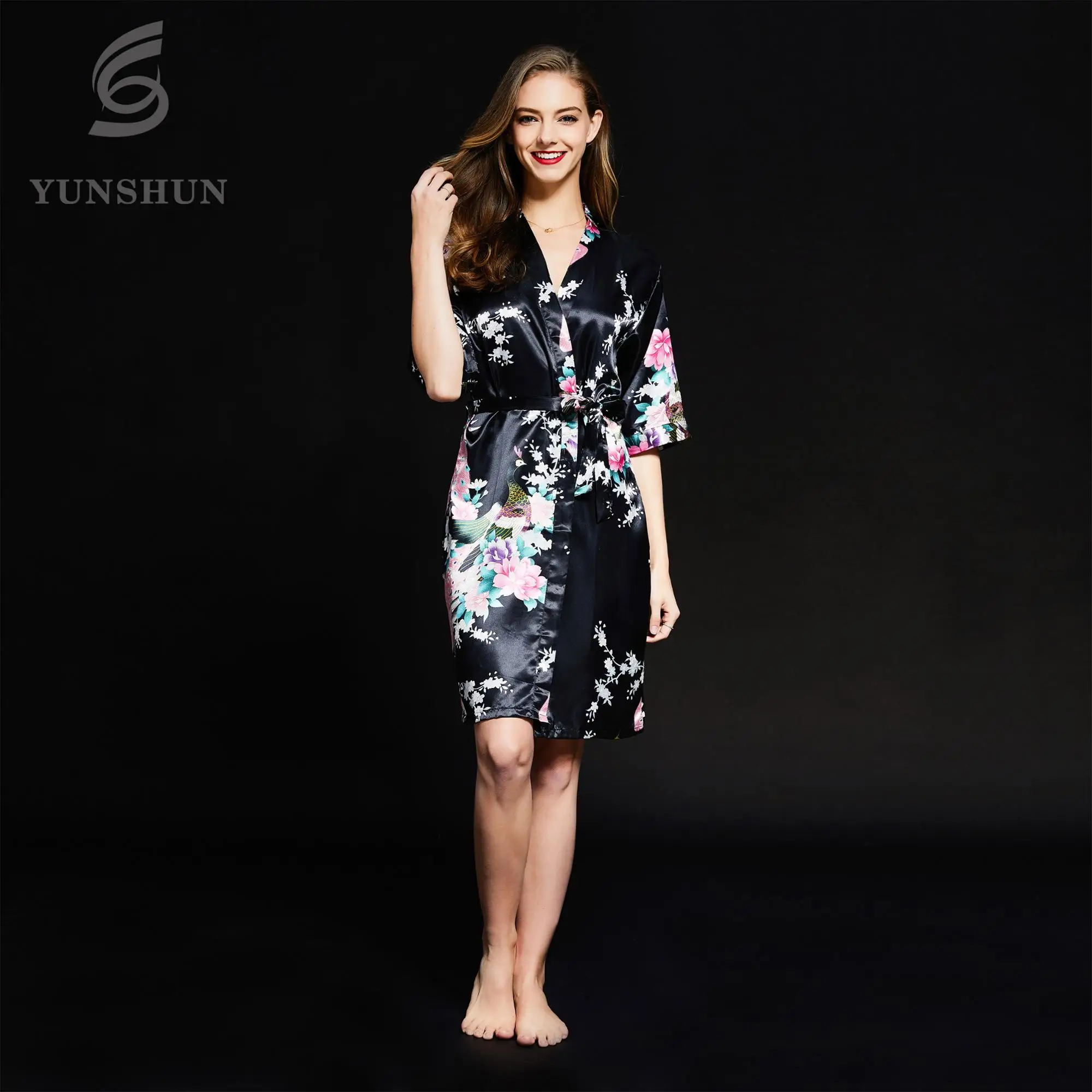 

China low price fashion clothing sexy print silk satin kimono women robe, Customized color