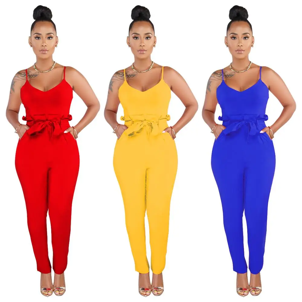 

Wholesale 96$/10PIECES 2019 New design Women pleated waist solid color suspender jumpsuit with belt