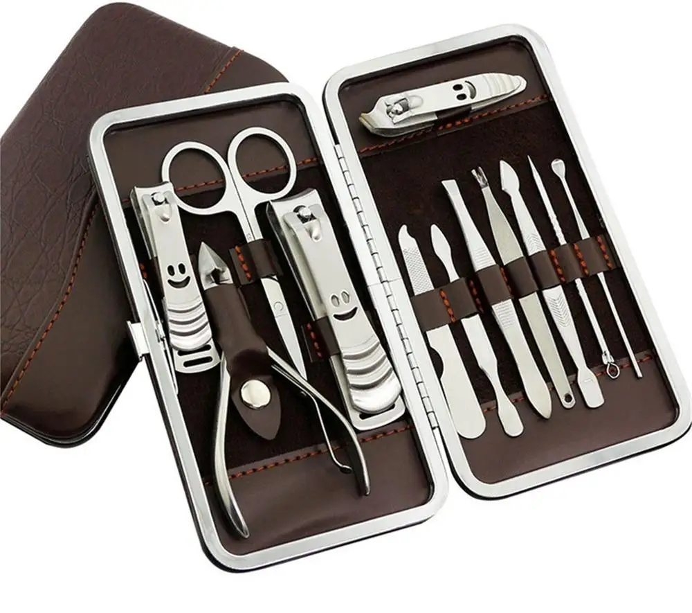 

12 piece manicure set Nail Care Cutter Cuticle Clipper Pedicure Kit Case Gift Set, Brown, silver