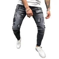 

Foreign trade denim new men's skinny jeans black hole badges stickers feet denim men's pants