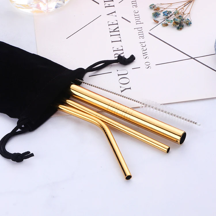 

Hot sale Metal stainless steel reusable drinking gold straw with brush set, Silver;gold;rose gold;black