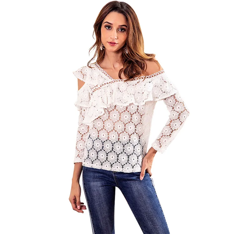 

Factory Design Sexy White Slash Neck Long Sleeve Hollow Out Ruffled Fashion Lady Lace Tops Women, As photo shown or customized