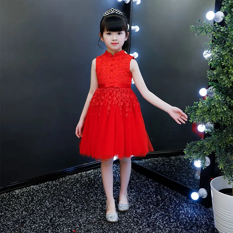 Red Flower Applique Back Bow Tie Girl Party Dress Little Girls Dress