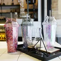 

O269 Plastic Cartoon Sequins Double Wall INS Coffee Tea Drink Mugs Cat Ear Straw Cup