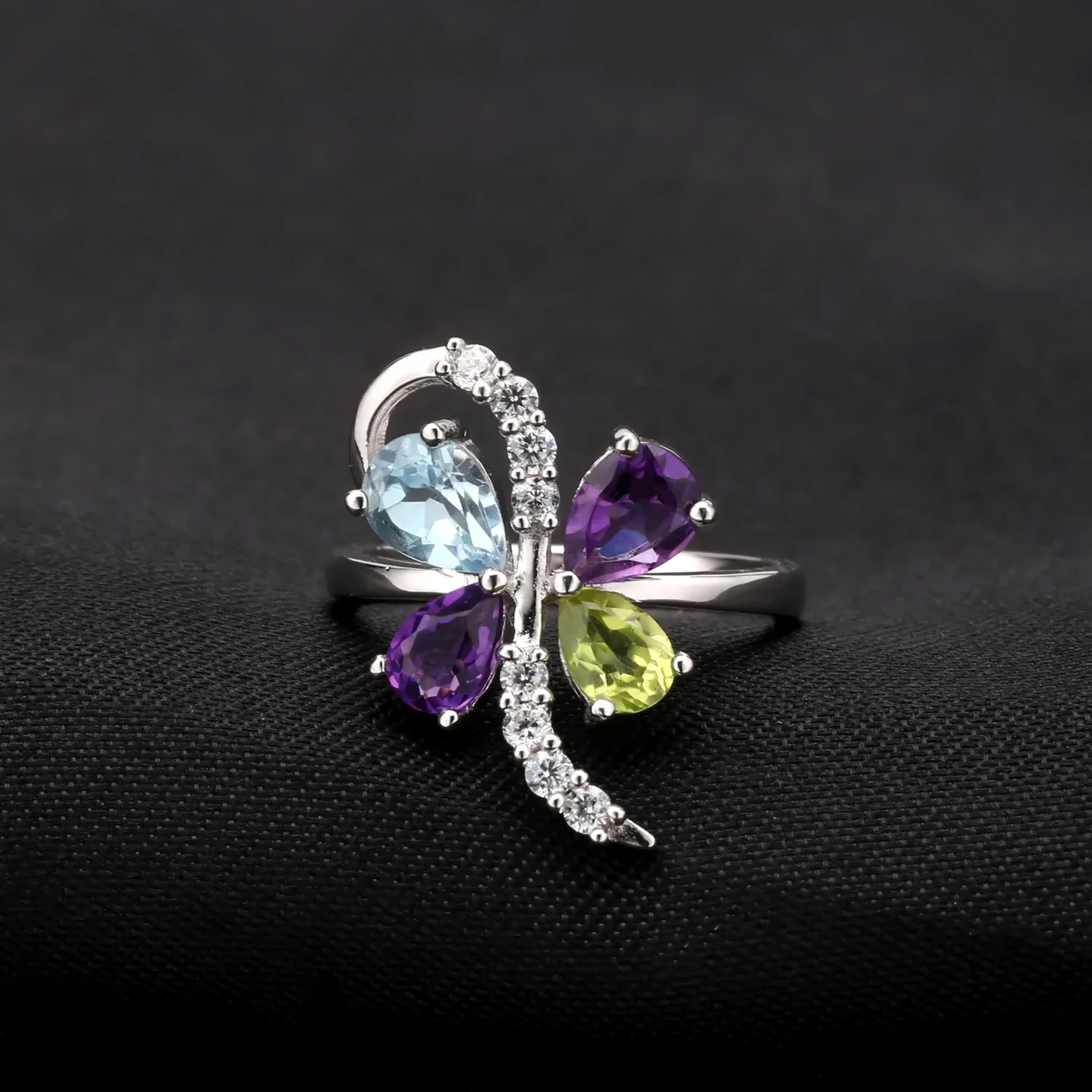 

Abiding Sky Blue Topaz Amethyst Peridot Citrine Mix Gemstone Wedding Rings 925 Sterling Silver Necklace Butterfly Jewelry Set