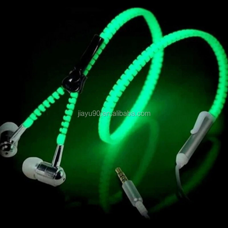 

2017 Zipper Glowing Earphones Luminous Light earphones With Microphone For iPhone 6spiston pro Earbuds Glow In The Dark