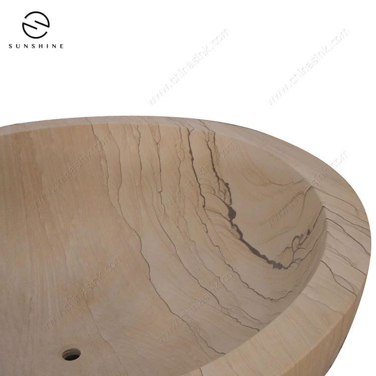 Natural Stone Wooden Landscape Standing Round Sandstone Bathtub For Bathroom