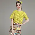 crop top and skirt set two piece women costume short sleeve lace shirt color tassel skirts