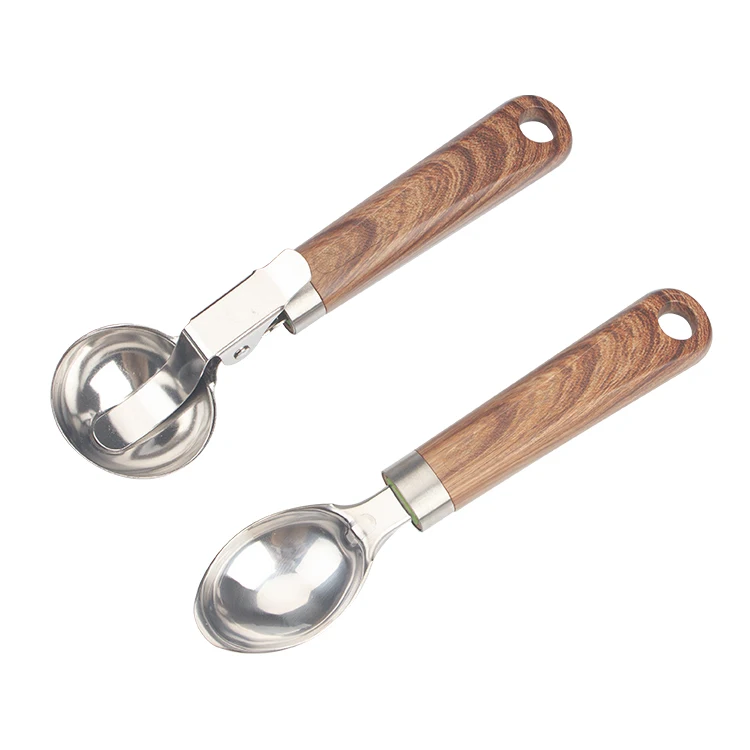 

Kitchen Gadgets Solid Wood Grip Stainless Steel Ice Cream Scoop with or Without Easy Trigger, Wood color grip