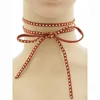 44 Inches Metal Dome Studded Bow Double Strand Suede Leather Choker Necklace