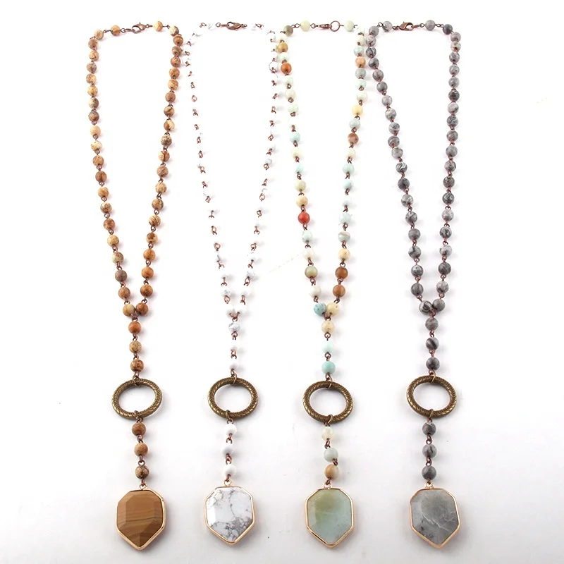 

Women Bohemian Jewelry Short Ethnic Amazonite Necklace 6mm Natural Pic jasper Stone Rosary Chain Stone Pendant Y Necklace