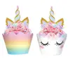 unicorn cake topper Double Sided Toppers Rainbow and unicorn wrappers Girl's Birthday Party Supplies decoration set pink