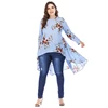 long sleeve asymmetrical sky blue floral printed shirt muslim modest design blouse latest islamic clothes