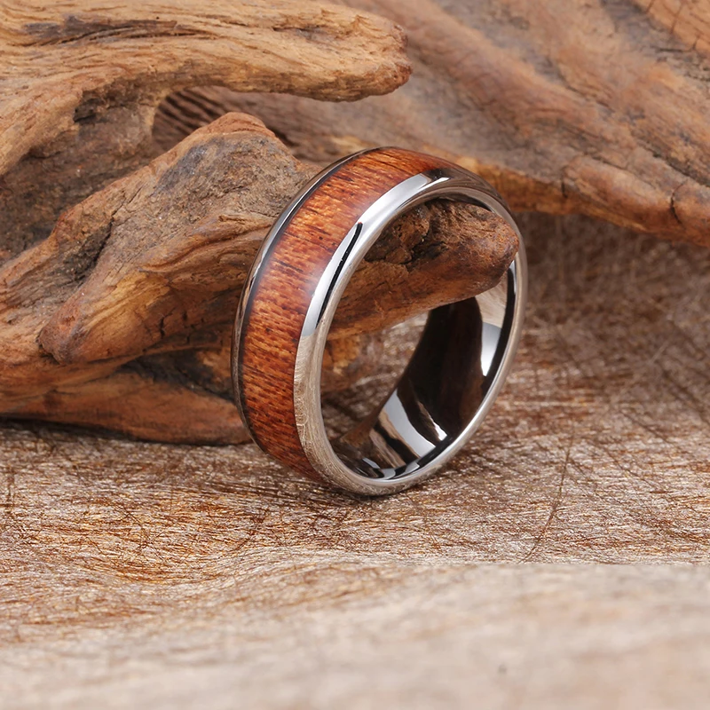 
2019 Wholesale Rings Jewelry Type Bezel Setting Type Koa Wood Inlay Tungsten Rings For Men 