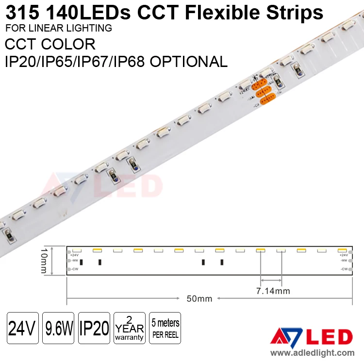 SMD 315 140leds 24 volt side emitting multicolor color changeable cct led light strip