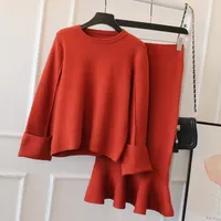 

Youbang Latest new arrival korean style knit crew neck top and slim fit fishtail skirt twin set