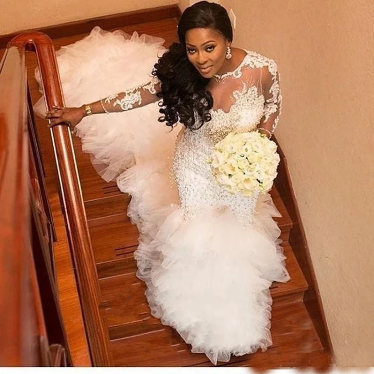 

2019 African Mermaid Wedding Dress 3/4 Long Sleeve Beaded Lace Pearl Bridal Gown, N/a