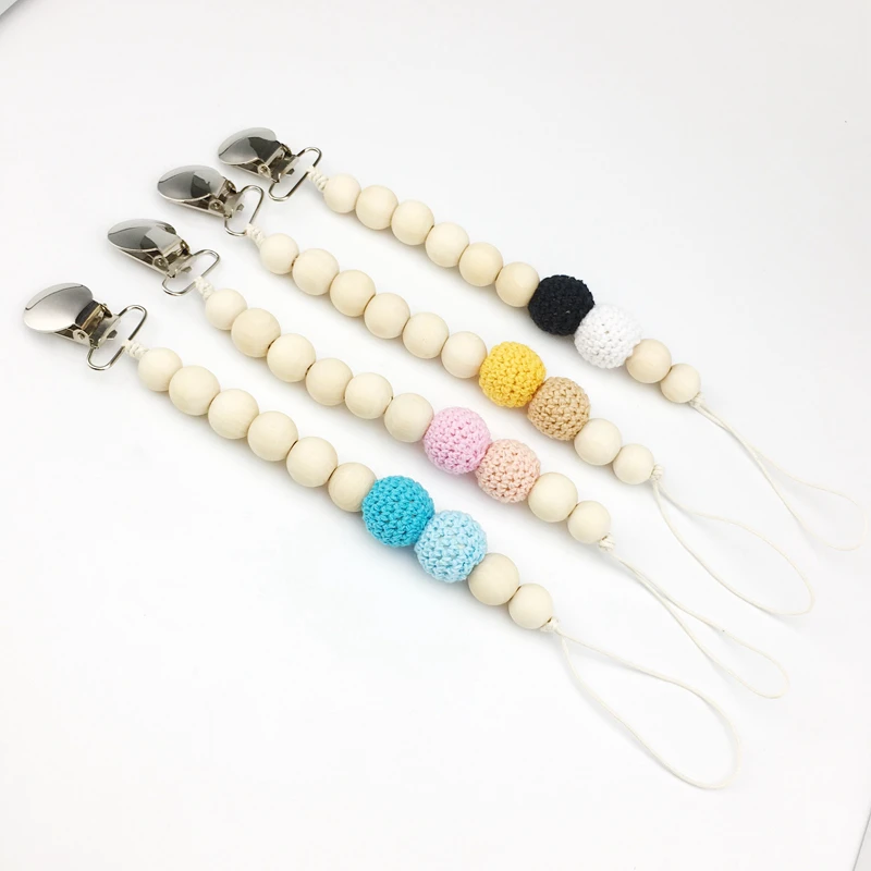 

Wood Teething Beads Crochet Beads Newborn Baby Shower Gift Metal Dummy Clip Pacifier Chain Holder