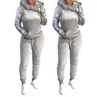 

81129-MX57 winter Fur collar two piece set velvet jumpsuit with sequin