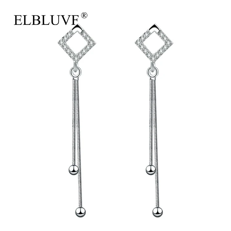 

ELBLUVF Copper Alloy S925 Silver Plated Jewelry Diamond Shape Dangle Tassel Earrings, White gold