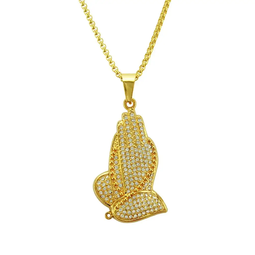 

European Hiphops Jewelry 14K Gold Plated Prayer Hand Necklace 30inch Pave Crystal Iced Out Prayer Hand Pendant Necklace