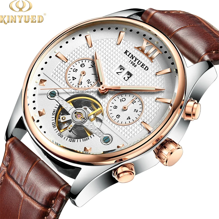 

KINYUED high quality luxury genuine leather man hand watch tourbillon mechanical watch automatic