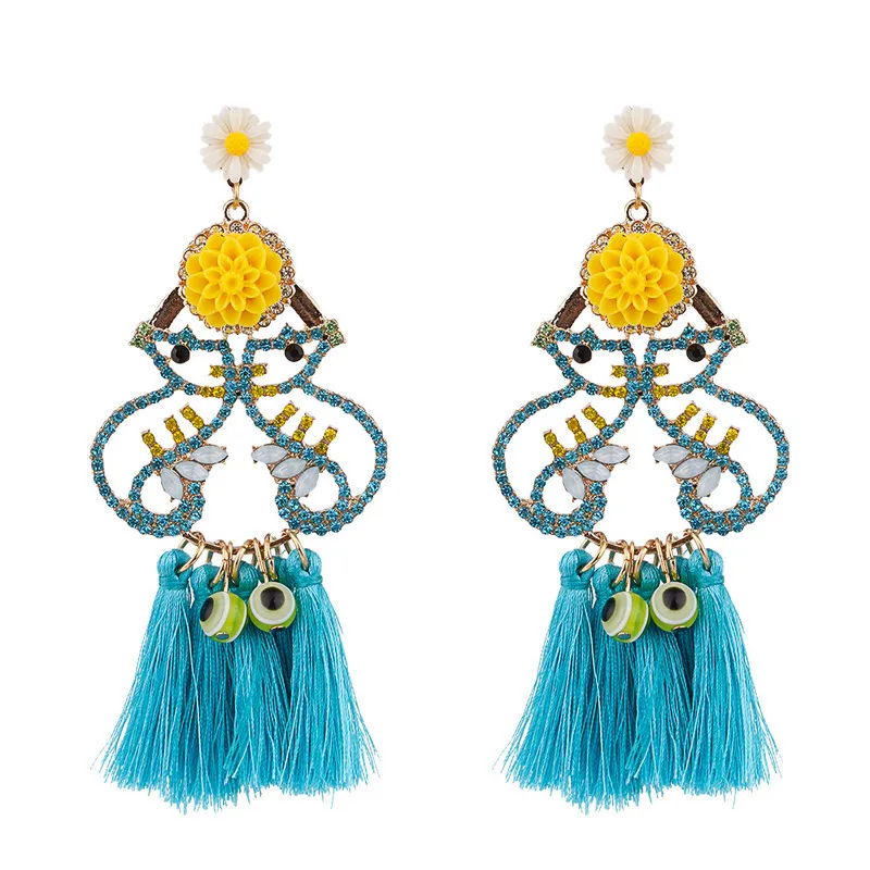 

Indian Earrings Resin Flower Gold Plated Eardrop Earrings Crystal Soutache Tread Tassel Chandelier Earrings for Women, As photo