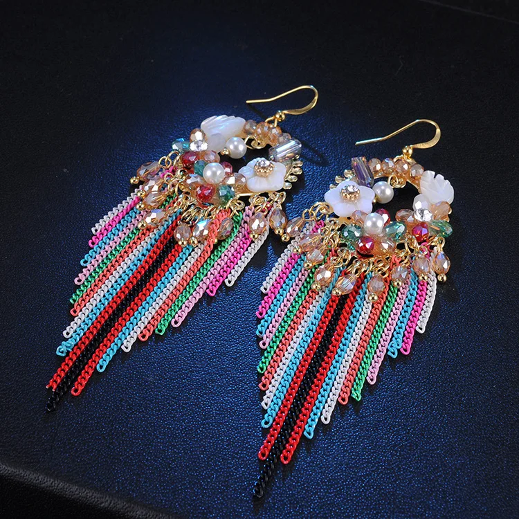 

Luxury Bohemian Colorful Crystal Beads Chain Tassel Drop Earring  Chain Fringe Hook Earrings, Multi color