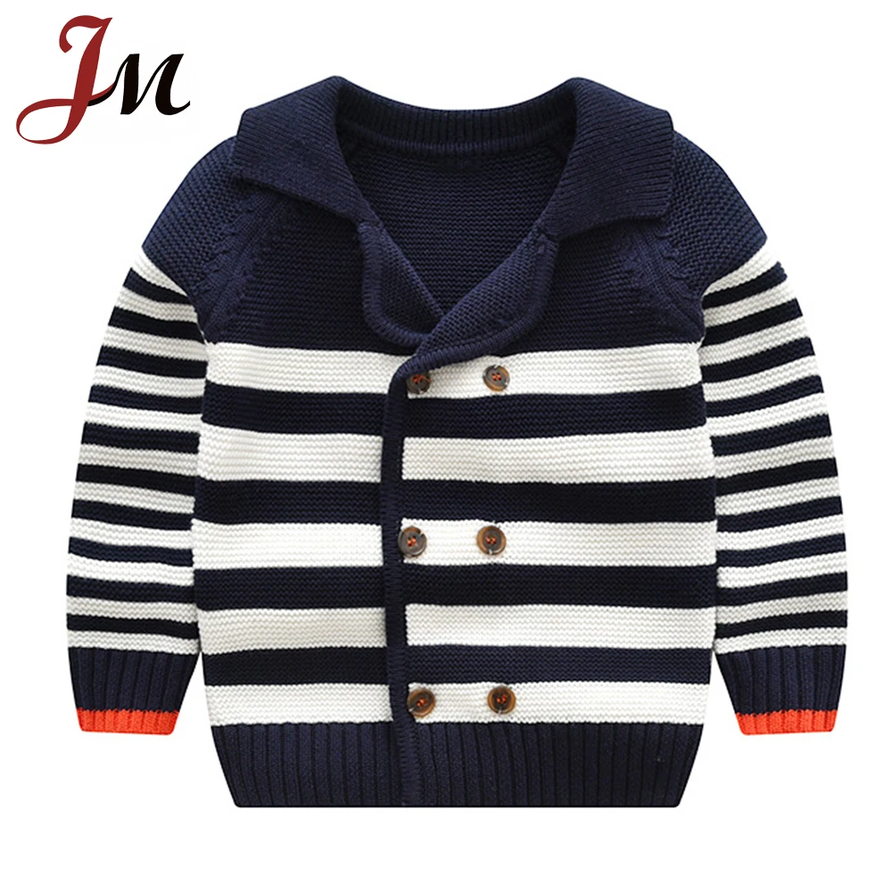 

Fancy kids sweater coat navy blue white stripe with double raw buttons wholesale clothes