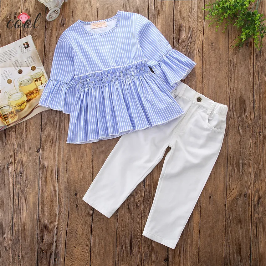 

wholesale gril children's boutique clothing set for girl kids with trumpet sleeve top and jeans