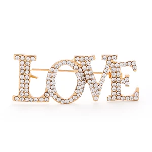 Simple light gold silk towel buckle imported rhinestone love letter romantic pin brooch