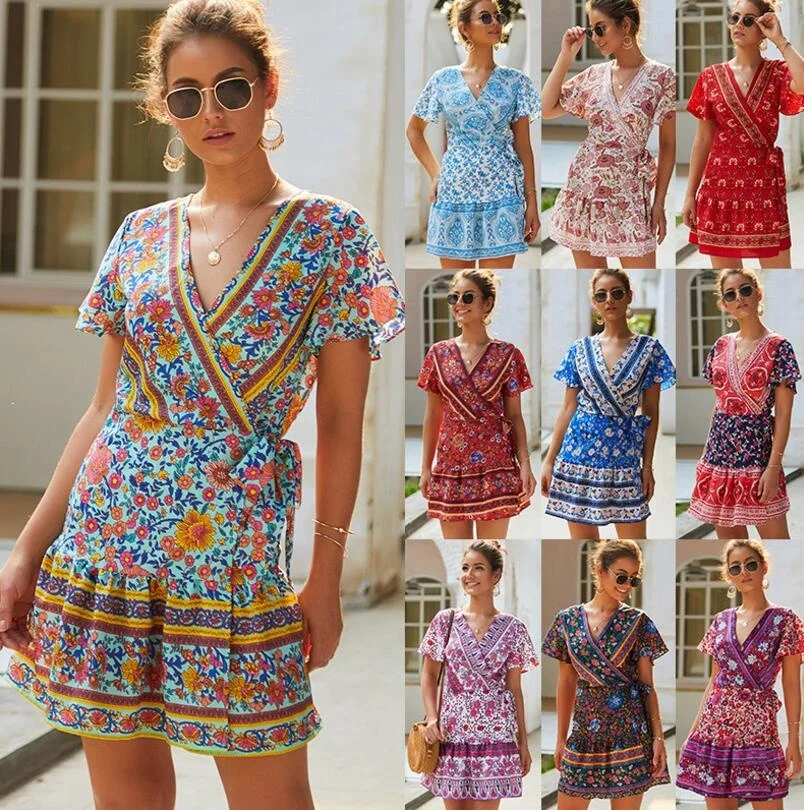 

High Quality Summer Women Short Sleeve V Neck Casual Mini Dress Casual Floral Print Skirt, As picture