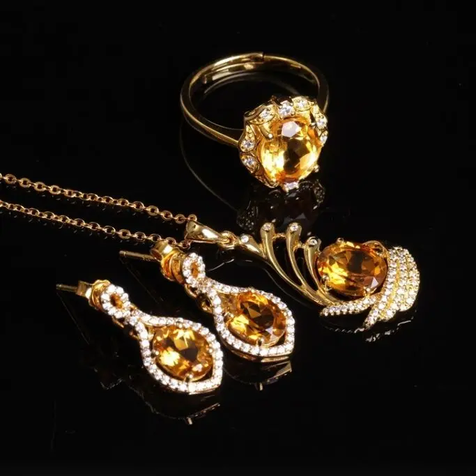 

hot sale natural gemstone 925 silver jewelry set MEDBOO new trendy yellow citrine crystal fine ring pendant necklace earrings, N/a